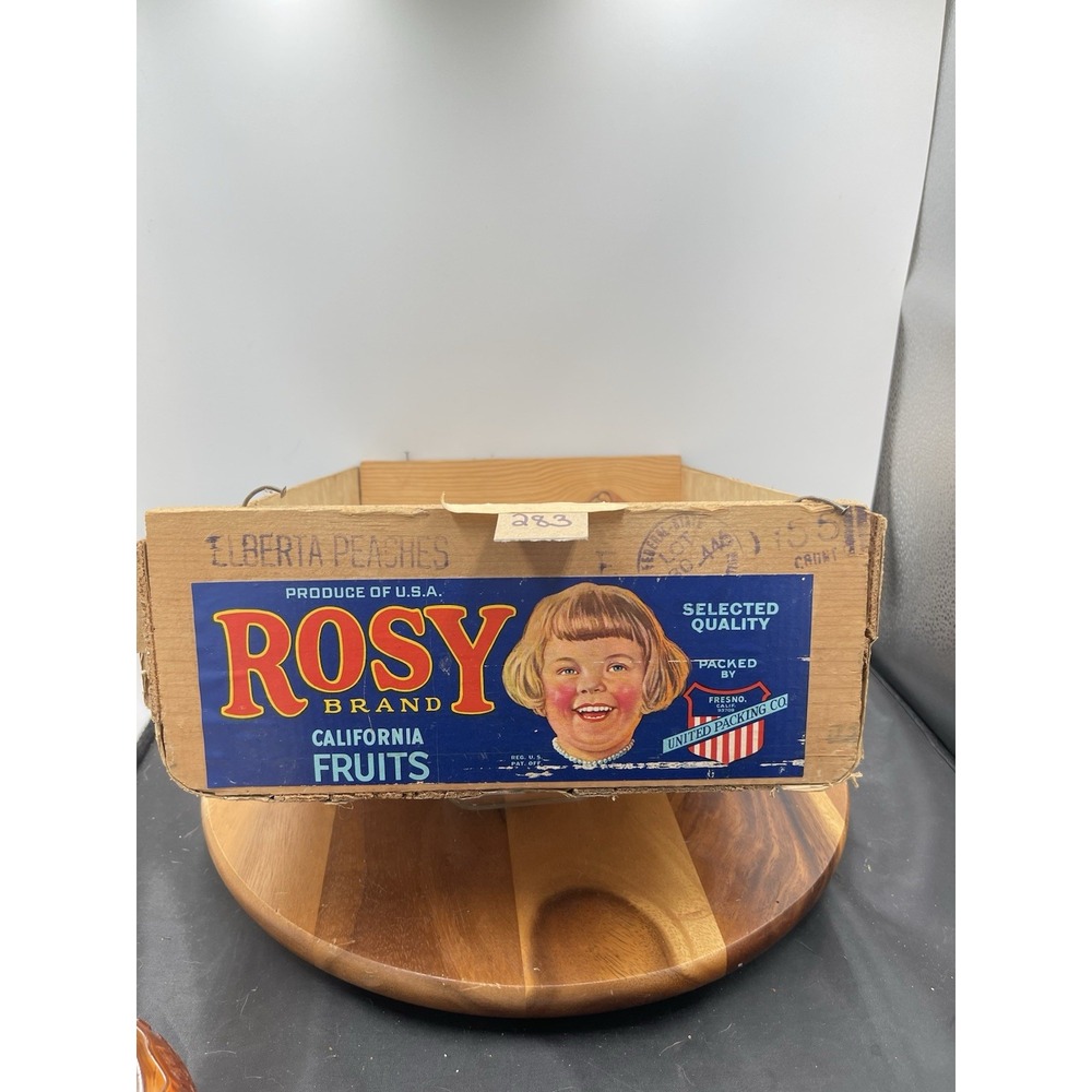 Vintage Rosy Fruit Crate Rare Still Has The Paper Covering Bottom Wood Slates‎